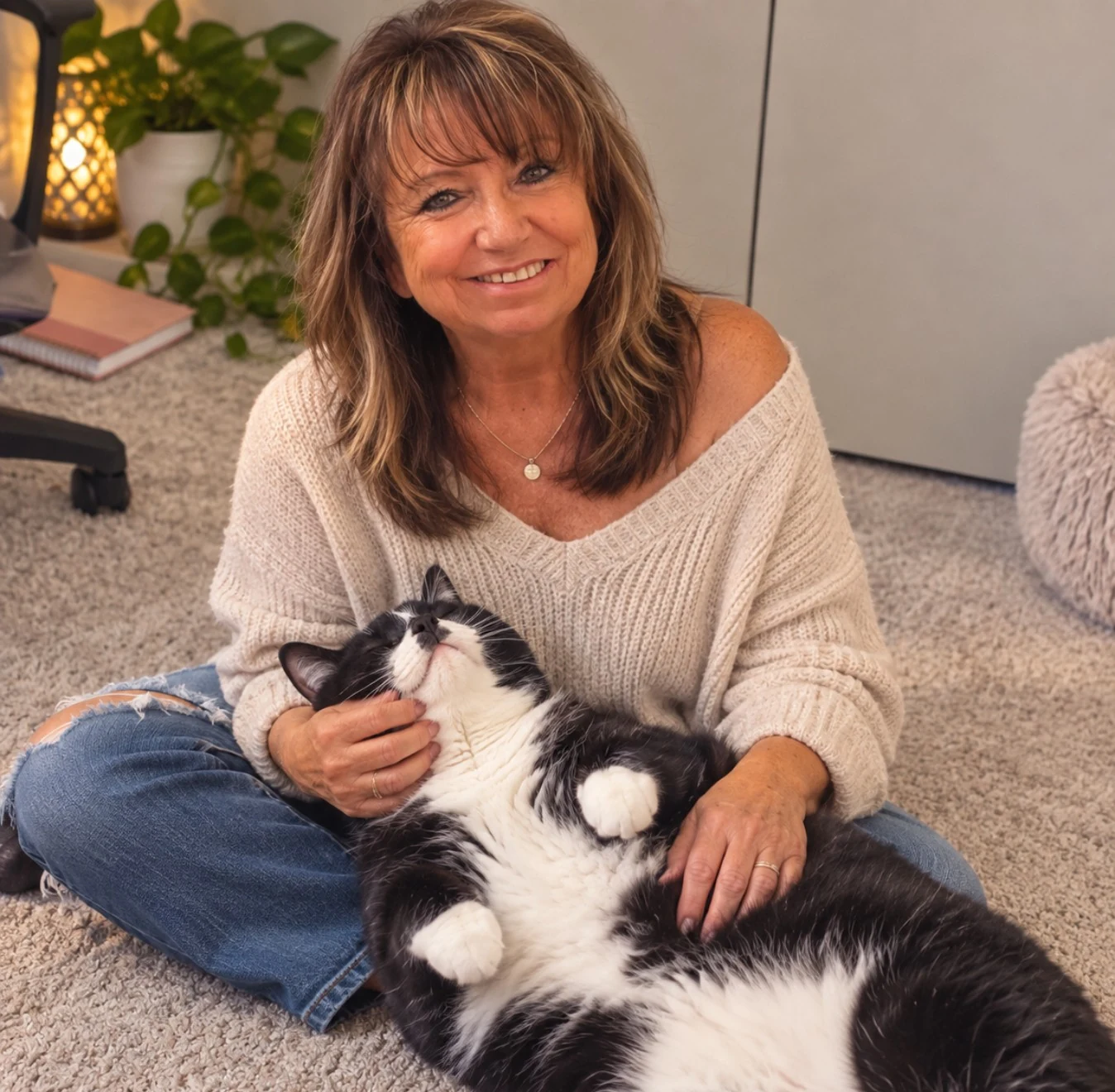 Mama smiling while cuddling her black and white cat